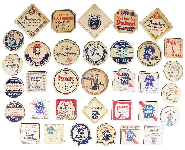 Lot of 34 Assorted Pabst Blue Ribbon Coasters: Lot of 34 Assorted Pabst Blue Ribbon Coasters. Good to excellent condition.