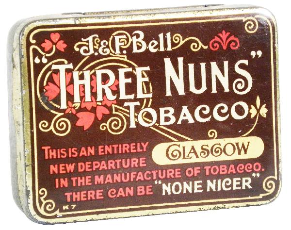 Three Nuns Tobacco Tin: Three Nuns Tobacco Tin, Glascow. Some minor rust otherwise very good condition. 3 1/4 X 4 1/4 X 1 inches.