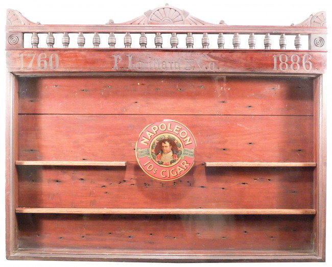 P. Lorillard & Co. Wall Hanging Tobacco Cabinet: P. Lorillard & Co. Mahogany Wall Hanging Tobacco Cabinet. 1760-1886. Napoleon Cigar decal on glass front. Excellent original condition. 40 X 32 1/2 X 3 1/4 inches.