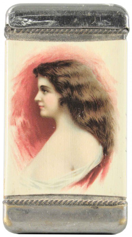 Celluloid Advertising Match Safe: Celluloid Advertising Match Safe. Beautiful woman with red back ground on front. Compliments of Selig Bros. & Co. Wholesale Tailors, San Francisco. "We Lead, Others Follow" on sides. Nickel plating we