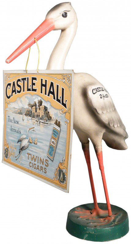 Castle Hall Cigars Stork Composite Store Display: Castle Hall Cigars Stork Composite Store Display and String Hanger Sign. Rare version with embossed lettering on sides. 2 for 15 cents. Comes with a matching Cigar Box Label. Very good overall conditi