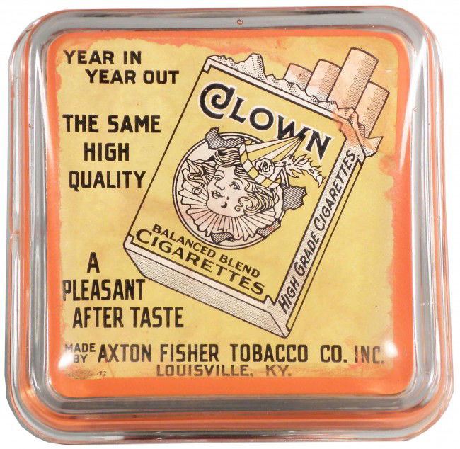 Clown Cigarettes Glass Change Receiver: Clown Cigarettes Glass Change Receiver. Made by Axton Fisher Tobacco Co. Inc. Louisville, KY. Light staining around border otherwise good condition. 5 1/2 X 5 1/2 X 1 1/4 inches.