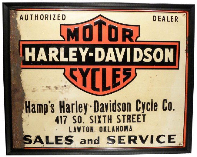 Scarce 1930's Harley Davidson Embossed Tin Sign: Scarce 1930's Harley Davidson Embossed Tin Sign. Privilege panel for Lawton, OK Dealership. Rust, dents and discoloration. Fair condition. 29 1/2 X 23 1/2 inches.