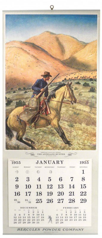 1955 Calendar for Hercules Powder Company: 1955 Calendar for Hercules Powder Company. Illustrating Sporting Scenes by artist Peter Hurd. Bands top and bottom with original full pad. Near mint condition. 13 X 30 inches.