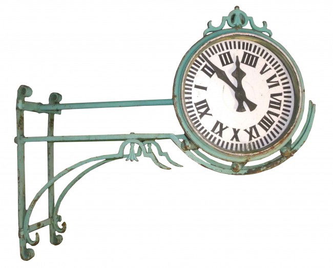 Cast Iron Outdoor Clock: Cast Iron Outdoor Clock. Two sided with steel faces. One side is missing marquee, glass and hands otherwise good original condition. 62 X 56 X 21 inches.