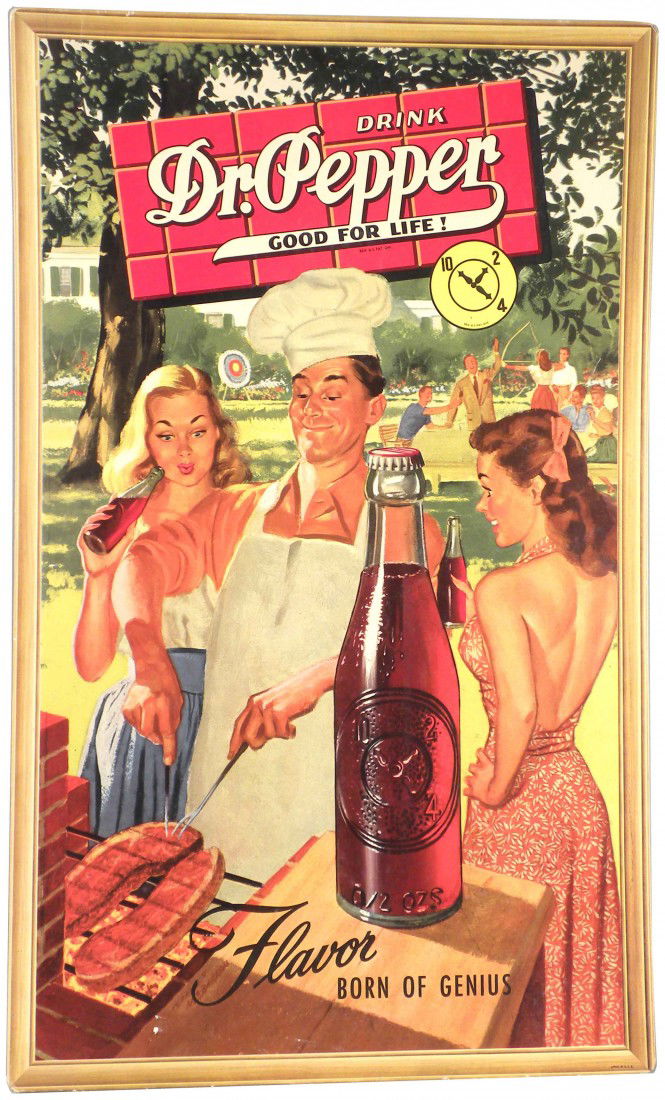 Dr. Pepper Self Framed Cardboard Sign: Dr. Pepper Self Framed Cardboard Sign. Entitled, "Flavor Born of Genius". Depicting 10-2-4 glass bottle and archery picnic scene. Near mint condition. 15 1/4 X 25 inches.