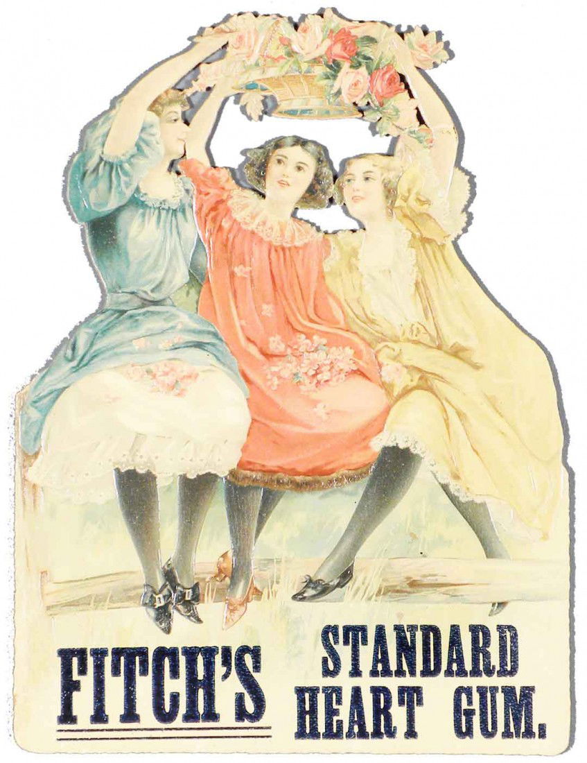 Fitch's Standard Heart Gum Die Cut Sign: Fitch's Standard Heart Gum Embossed Die Cut Sign. Depicting three women sitting on a fence holding a flower basket. Framed under glass. Near mint condition. 6 3/4 X 9 1/4 inches image only.