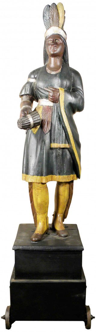 Brooks Cigar Store Indian: Brooks Cigar Store Indian. Ca 1880's. Attributed to Thomas Brooks. 30-40% of original paint intact. Excellent condition. 69 inches tall.