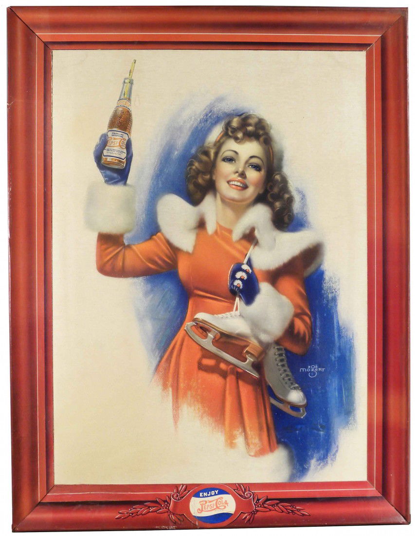 Pepsi Cola Double Dot Self Framed Cardboard Sign: Pepsi Cola Double Dot Self Framed Cardboard Sign. Artist Zoe Mozert, beautiful skater holding bottle. Easel back and string hanger. Slight bends in frame otherwise excellent condition. 23 1/2 X 30 1/2