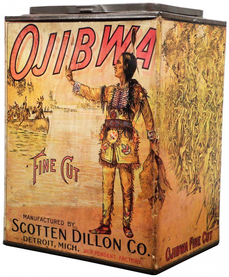 Ojibwa Fine Cut Tobacco Tin Store Bin: Ojibwa Fine Cut Tobacco Tin Store Bin w/Paper Label. Some paper loss on front and some wrinkles otherwise good condition. 8 X 10 X 6 inches.