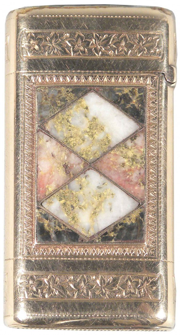 Inlaid Gold Quartz Match Safe: Inlaid Gold Quartz Match Safe. Multi-colored diamond pattern. Dark green, pink and white w/white on top. Excellent original condition. 1 1/8 X 2 1/4 inches.