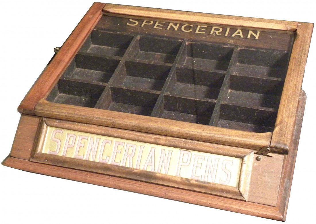 Spencerian Pens Store Display Case: Spencerian Pens Store Display Case. Case complete with compartments for pen tips. Excellent condition. 14 3/4 X 5 X 12 3/4 inches.