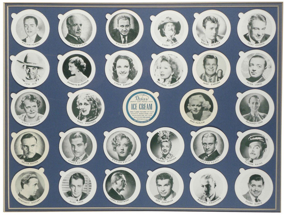 Dixies Dainty Cups Lids Movie Star Pictures: Dixies Dainty Cups Lids Movie Star Picture Collection. 28 different pictures including Gary Cooper, Mary Pickford and Carmen Miranda. Framed under glass in mint condition. 17 X 13 inch interior dimens