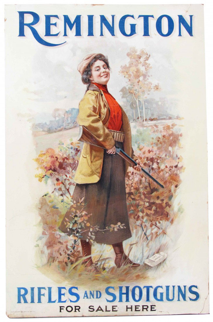 Remington Rifles & Shotguns Cardboard Sign: Remington Rifles & Shotguns For Sale Here Cardboard Sign. Copyright 1901 by F.E. Getty. Horizontal wrinkles otherwise good condition. 10 1/2 X 16 inches.