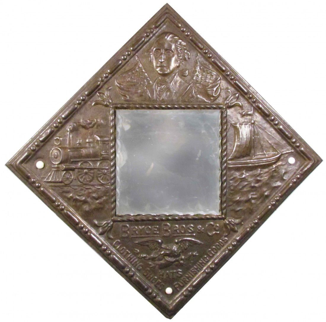Bryce Bros. & Co. Advertising Store Mirror: Bryce Bros. & Co. Advertising Store Mirror. Embossed tin décor includes train, ship, Geo Washington and an eagle. Very good condition. 17 1/2 inch square.