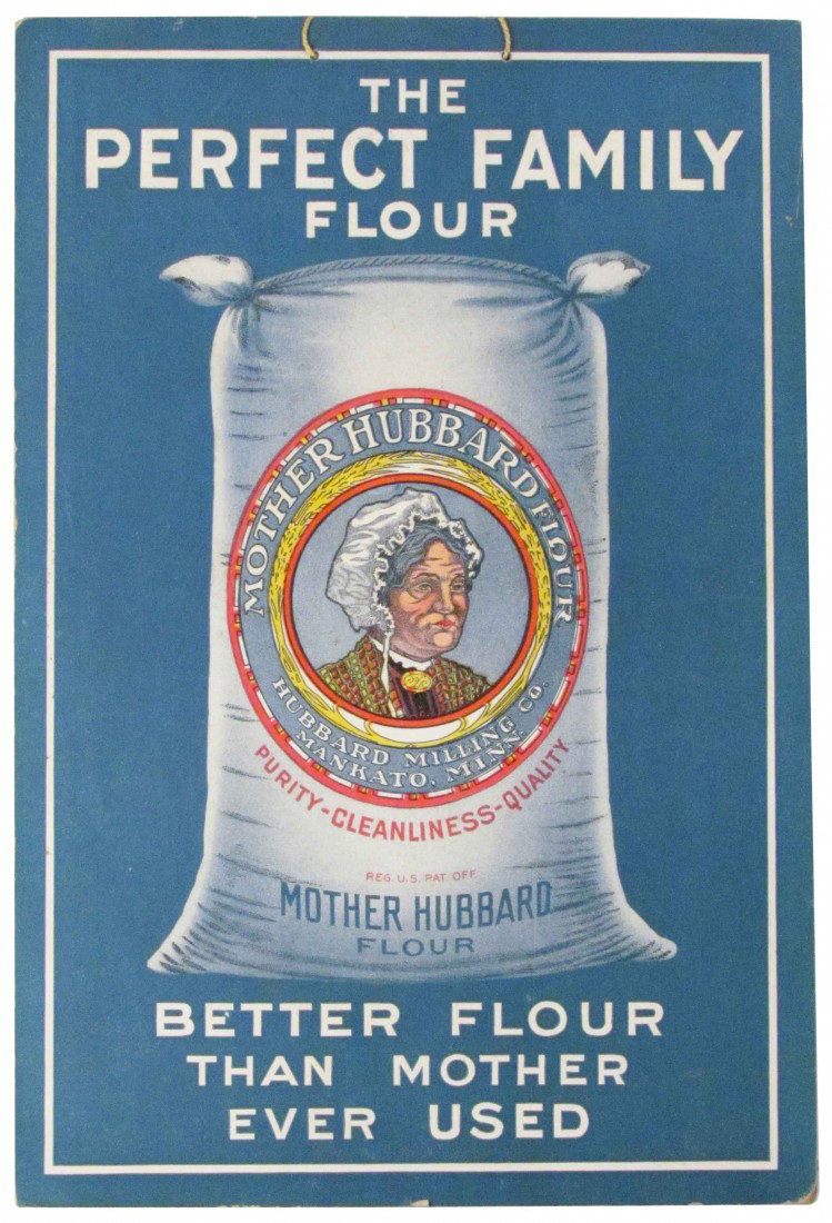 The Perfect Family Flour Cardboard Sign: The Perfect Family Flour Cardboard Sign. Two sided string hanger. Mother Hubbard Flour. Very slight wear bottom right corner otherwise excellent condition. 8 1/4 X 12 1/4 inches.