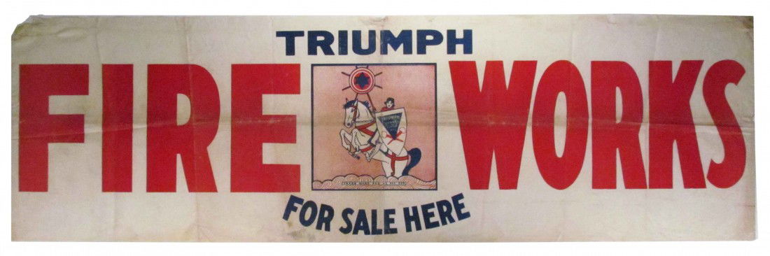 Extremely Rare Fireworks Canvas Banner: Extremely Rare Fireworks Canvas Banner. Triumph Fireworks For Sale Here. Some damage at top left and fold creases otherwise excellent condition. 60 X 18 inches.