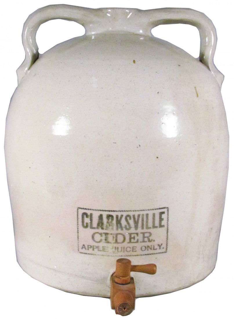 Clarksville Cider 5 Gallon Crock Jug: Clarksville Cider 5 Gallon Crock Jug with original wood spigot. Double handles on top. No chips or cracks, excellent condition.