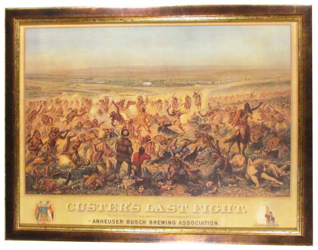 Anheuser Busch Brewing Company Paper Sign: Anheuser Busch Brewing Company Paper Sign. Entitled, "Custer's Last Fight". Excellent condition. Framed under glass. 28 X 21 inches image only.