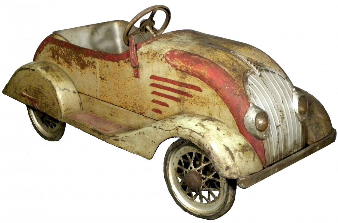 American National "Desoto" Pedal Car: American National "Desoto" Pedal Car. Ca. 1930's. Waterfall grill with spoke wheels. Once used as a carnival ride, rod mechanism-running gear gone. Good original condition. 46 inches long.