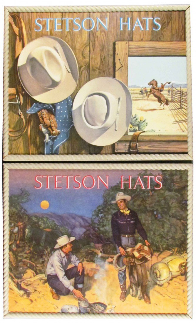 Pair of J.B. Stetson Co. Masonite Signs: Pair of J.B. Stetson Co. Masonite Signs. One depicting view from the bunk house with let-r-buck in back ground, the other depicts two cowboys on the trail. Both in excellent condition. 16 3/4 X 14 inc
