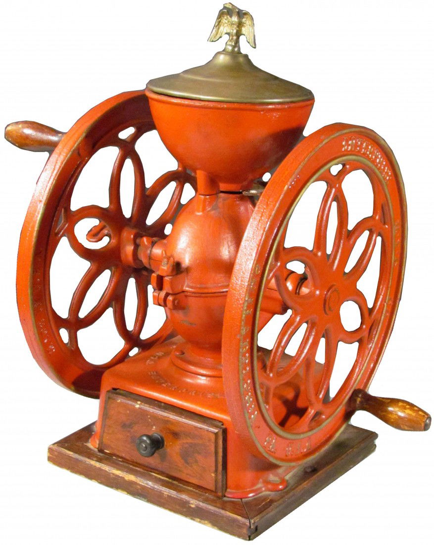 Enterprise Table Model Coffee Grinder: Enterprise Table Model Coffee Grinder. Original eagle finial. Repainted condition. 18 inches tall X 12 1/2 wheel diameter.