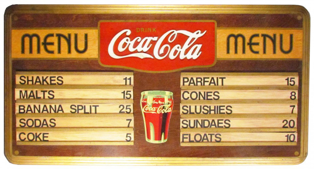 Coca Cola Kay-Display Menu Board: Coca Cola Kay-Display Menu Board. Complete with wood product/price inserts. Some damage on tail of logo otherwise excellent condition. 38 X 20 inches.