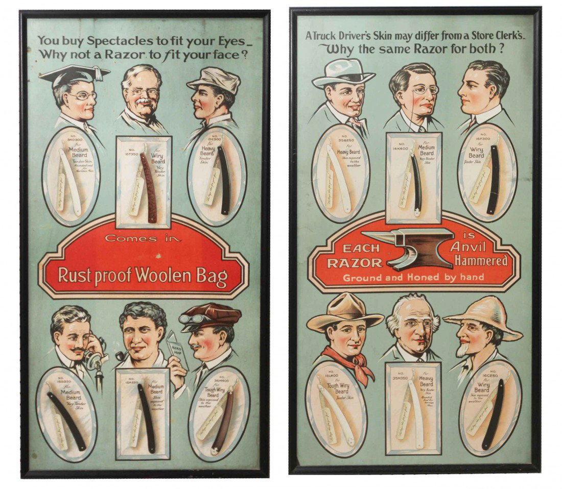 Two posters for the "Robeson Shuredge Cutlery Co.: A pair of framed straight razor advertising posters for the "Robeson Shuredge Cutlery Co." Each poster shows images of 6 different men with recommendations for which of the 12 different straight razor