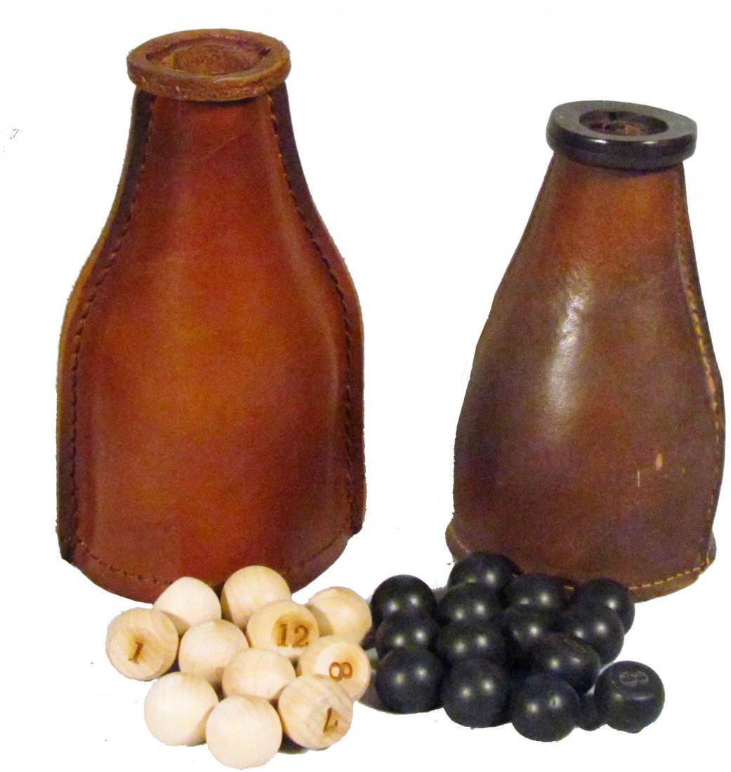 Two Leather Shakers, Saloon Game of Chance: Two Leather Shakers, Saloon Game of Chance. Bottles contain numbered balls. Very good condition. Large one measures 6 inches tall.