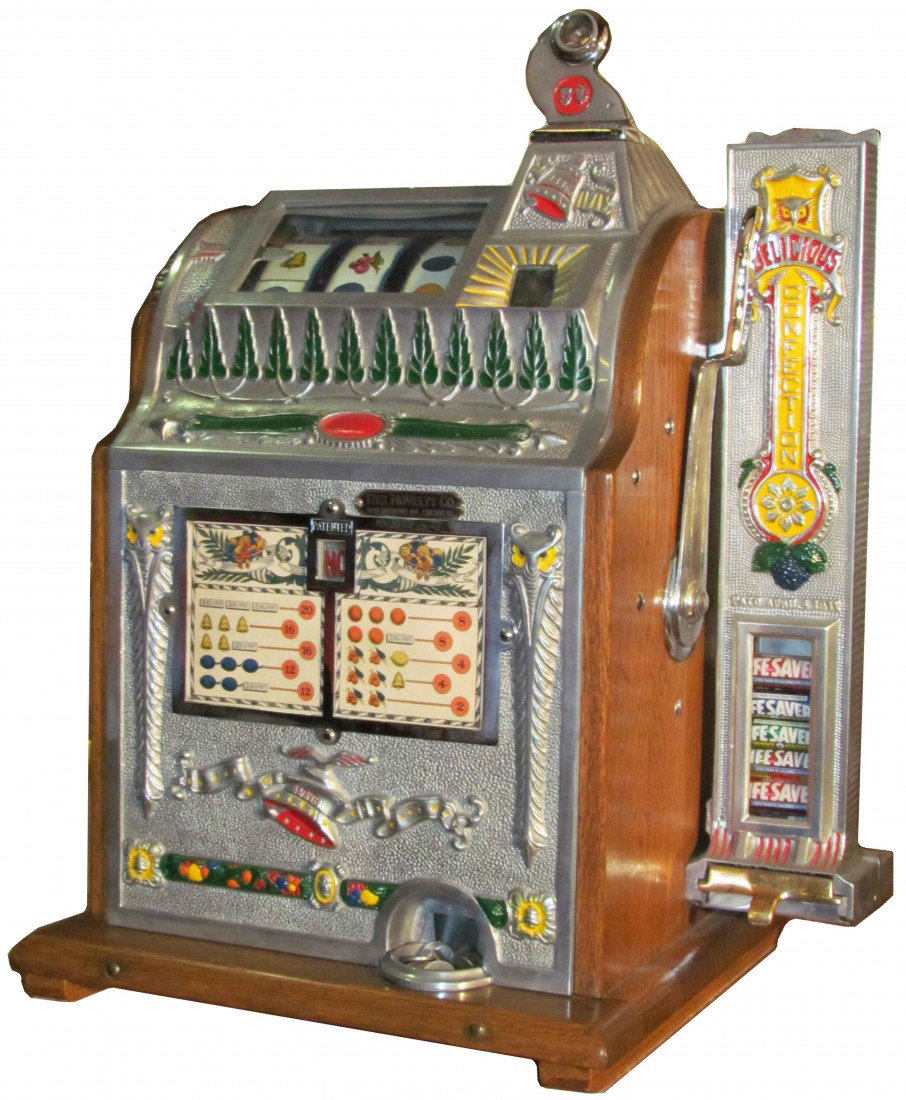 Mills 5 Cent Slot Machine: Mills 5 Cent Slot Machine. Rex Novelty Company front conversion, candy vendor. Professionally restored. Comes with Key. Excellent working condition with original lock.