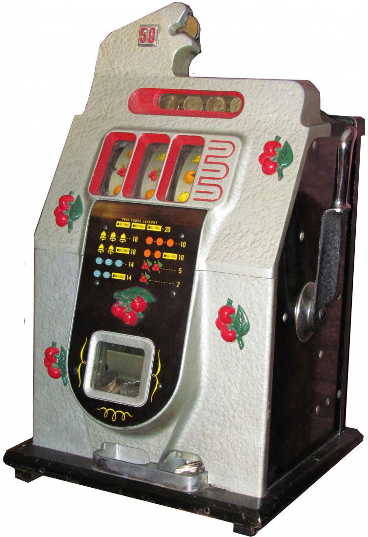 Mills 50 Cent Cherry Table Model Slot Machine: Mills 50 Cent Cherry Table Model Slot Machine. Hammer finish. Complete all original condition including lock, rear door and key.