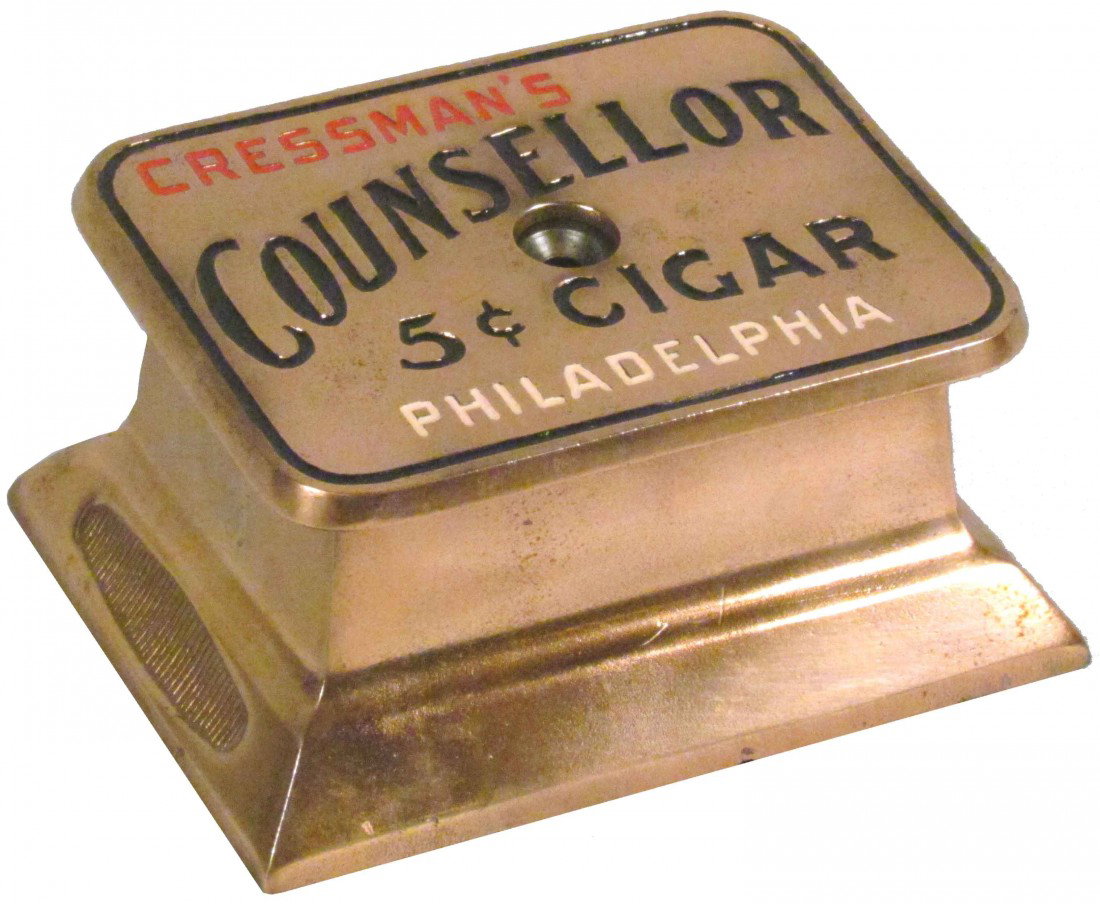 Cressman's Counsellor Cigar Tip Cutter: Cressman's Counsellor Cigar Tip Cutter. Brunhoff Mfg. Co. Patent 1901. Copper flashed cast iron. Professionally restored condition. 6 1/4 X 3 1/2 X 5 inches.