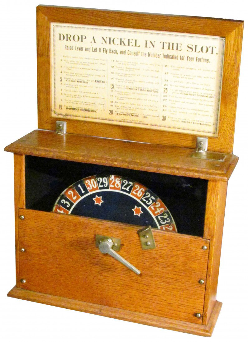 Wheel of Fortune Cigar Trade Stimulator: Wheel of Fortune Cigar Trade Stimulator. Griswold Mfg., Rock Island, Ill. Patent 1894. Excellent original working condition, comes with key. 14 1/2 X 191 2/ X 4 inches.