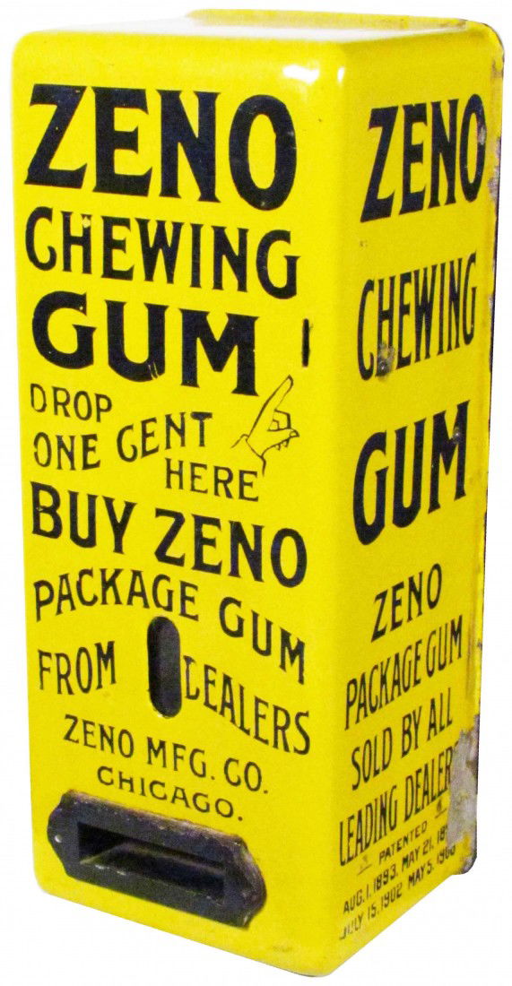 Zeno Yellow Porcelain Gum Vendor: Zeno Yellow Porcelain Gum Vendor. Patent 1902. This mustard color is the only one we have ever seen. Some slight edgeware and paint loss bottom right side otherwise very good all original condition, c