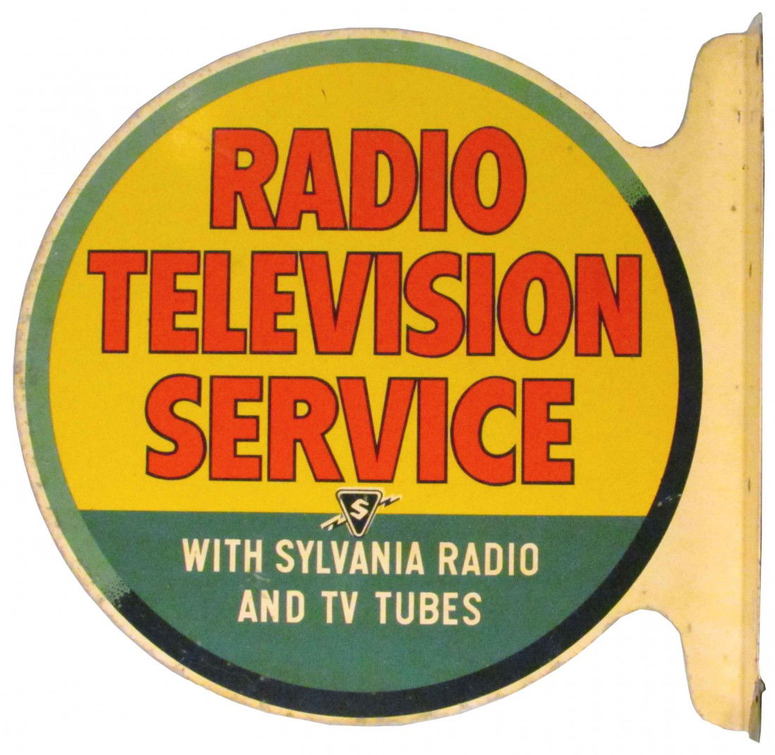 Sylvania Radio Television Service Steel Flange Si: Sylvania Radio Television Service Steel Flange Sign, two sided. Minor paint loss and slight edge ware otherwise very good condition. 17 X 16 inches.