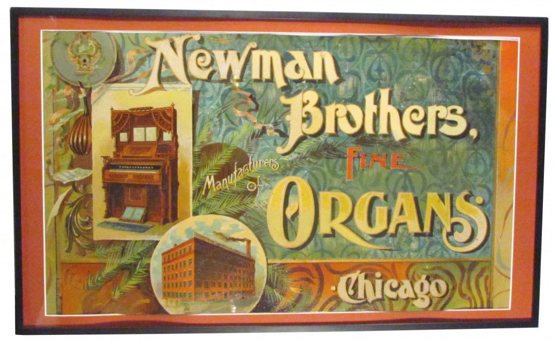 Newman Brothers, Fine Organs Tin Sign: Newman Brothers, Fine Organs Tin Sign. Sign has been trimmed with minor professional restoration. Framed under glass. 30 X 18 inches overall.
