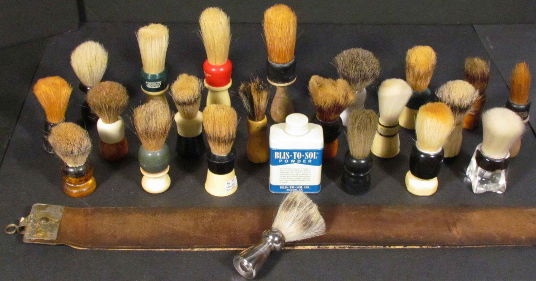 Lot of 22 Shaving Brushes, Powder & Strop: Lot of 22 Shaving Brushes, Powder & Strop. Various sizes and conditions.
