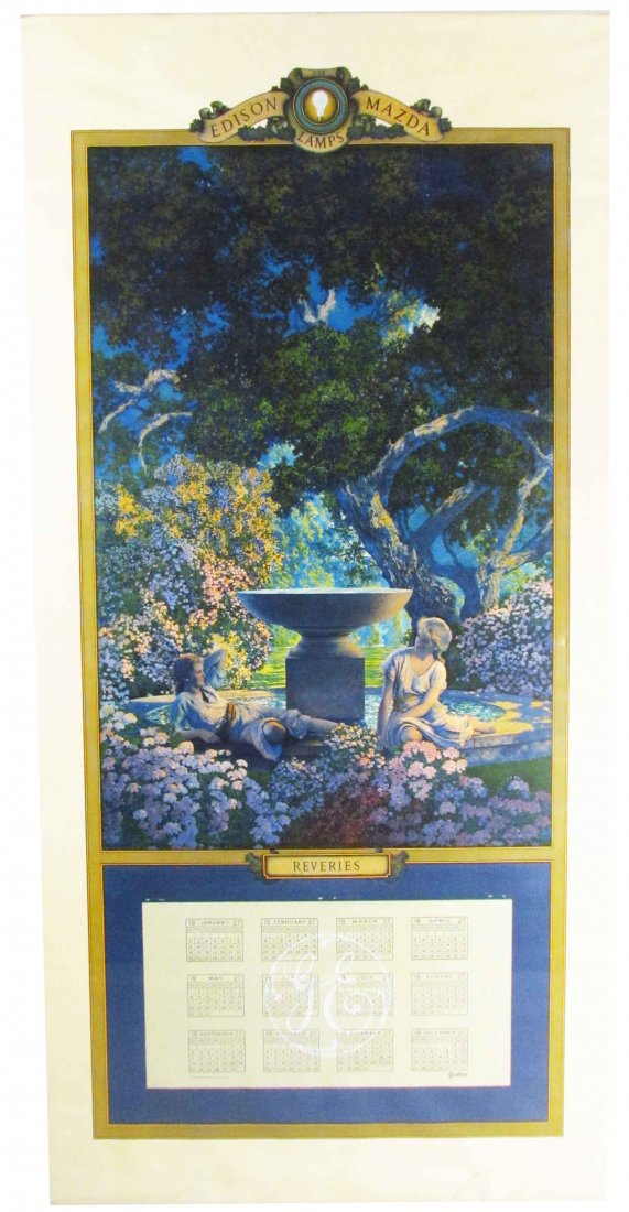1926 Calendar for Edison Mazda Lamps: 1926 Calendar for Edison Mazda Lamps. Maxfield Parrish artist. Original bands top and bottom, no pad. Tear at bottom right otherwise excellent condition. 18 1/2 X 38 1/2 inches.