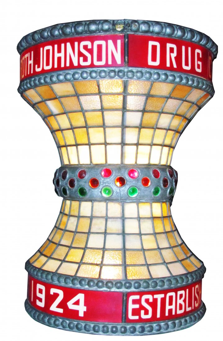 Jeweled Leaded Glass Apothecary Trade Sign: Jeweled Leaded Glass Apothecary - Pharmacy Trade Sign. The Ross Johnson Drug Co. Est. 1924. Excellent working condition. 34 inches tall X 24 inch diameter.