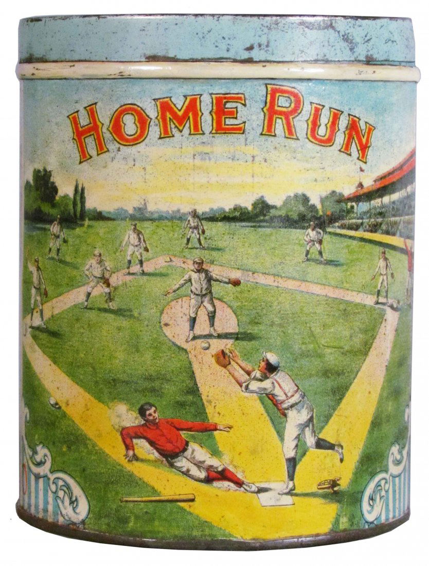 Very Rare Home Run Cigar Tin for 50 Cigars: Very Rare Home Run Cigar Tin for 50 Cigars. Light scratches and minor touch up otherwise good condition. 5 3/4 inches tall X 4 3/4 inch diameter.