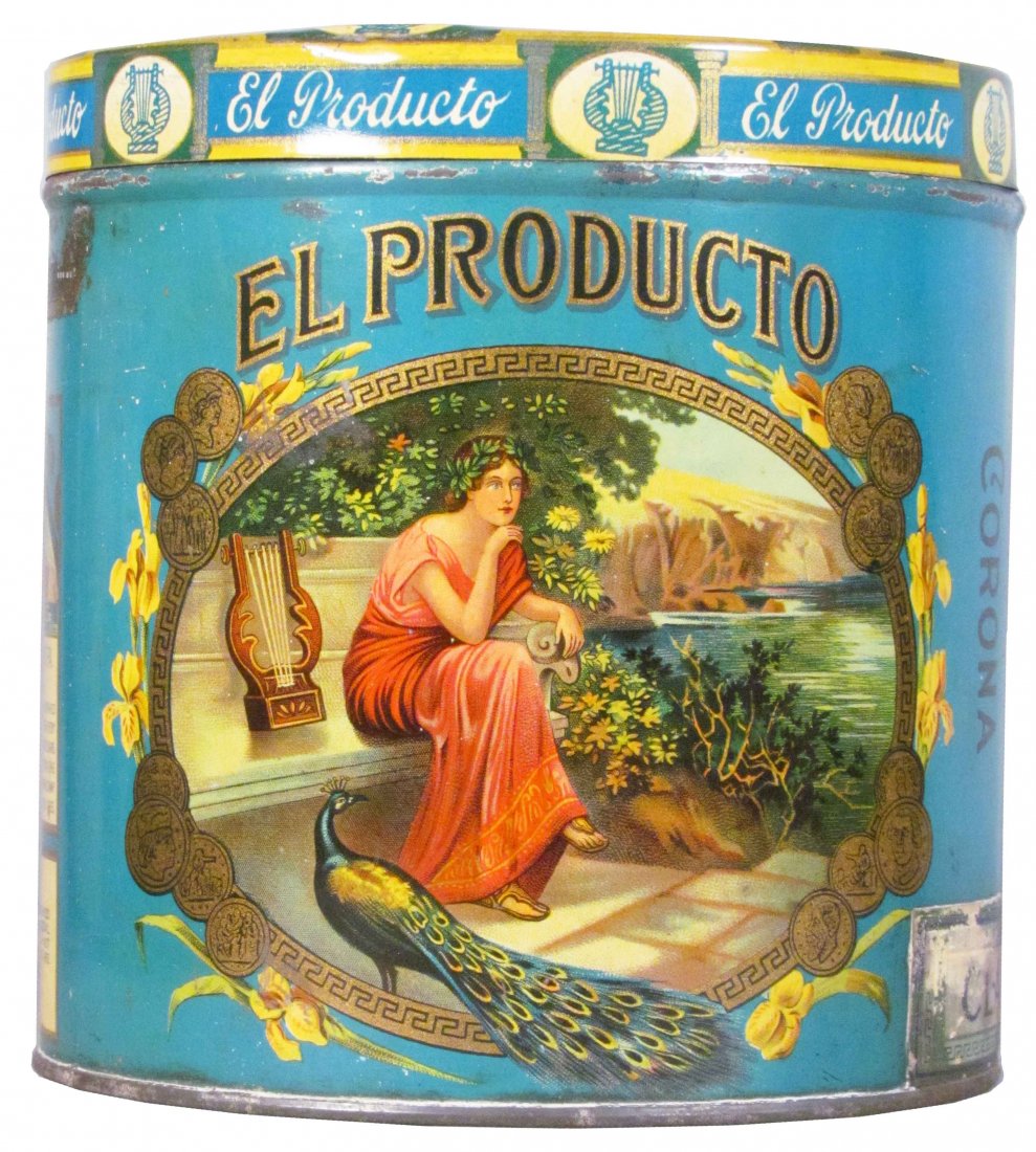 El Producto Cigar Tin for 50 Cigars: El Producto Cigar Tin for 50 Cigars. A few light scratches otherwise excellent condition. 5 3/4 inches tall X 5 1/2 inch diameter.