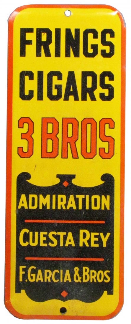 Frings 3 Bros. Cigars Tin Door Push: Frings 3 Bros. Cigars Tin Door Push. Some crazing otherwise very good condition. 3 3/8 X 9 inches.