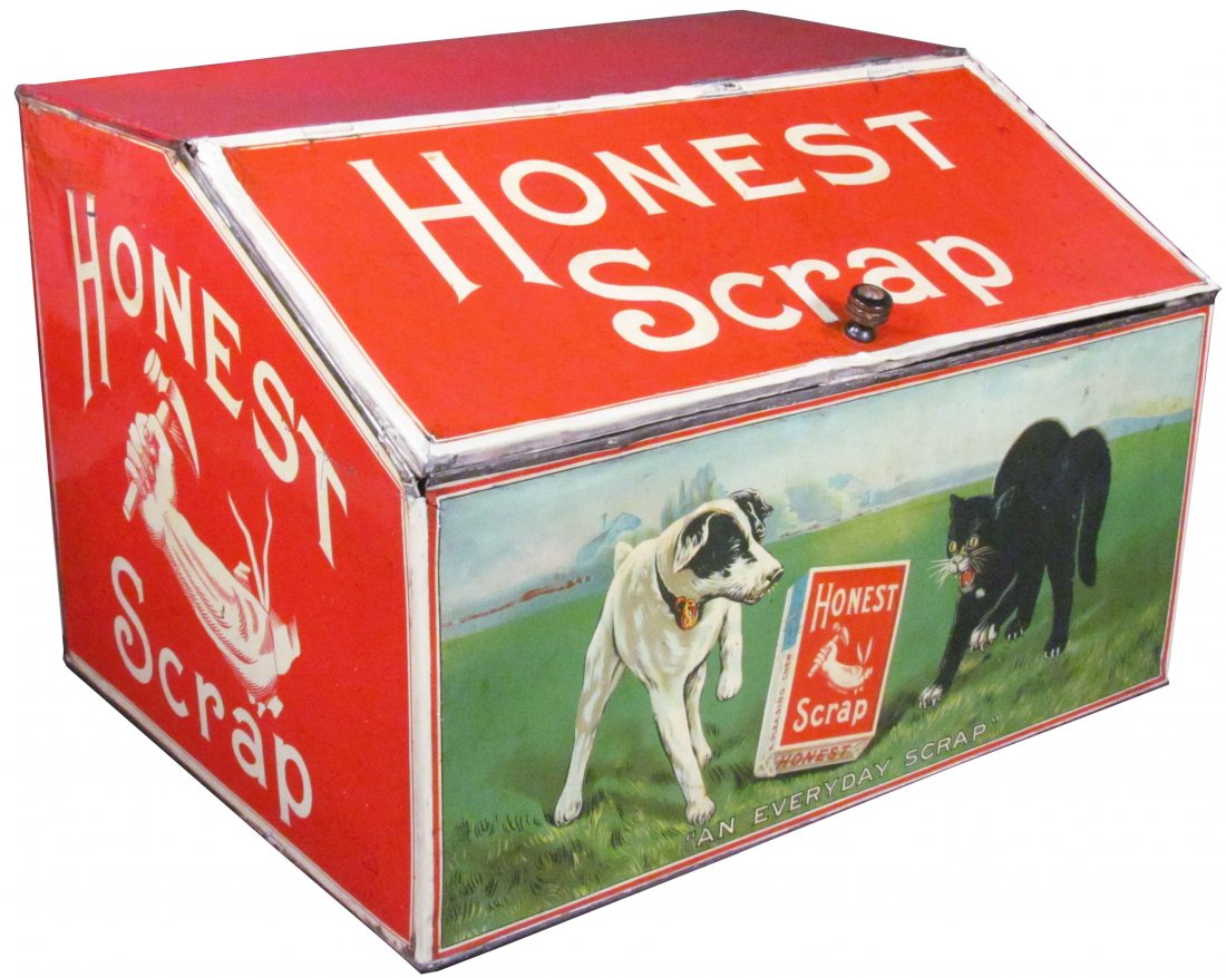 Honest Scrap Tobacco Tin Store Bin: Honest Scrap Tobacco Tin Store Bin. Some minor touch up otherwise very good condition. 18 X 12 X 14 inches.