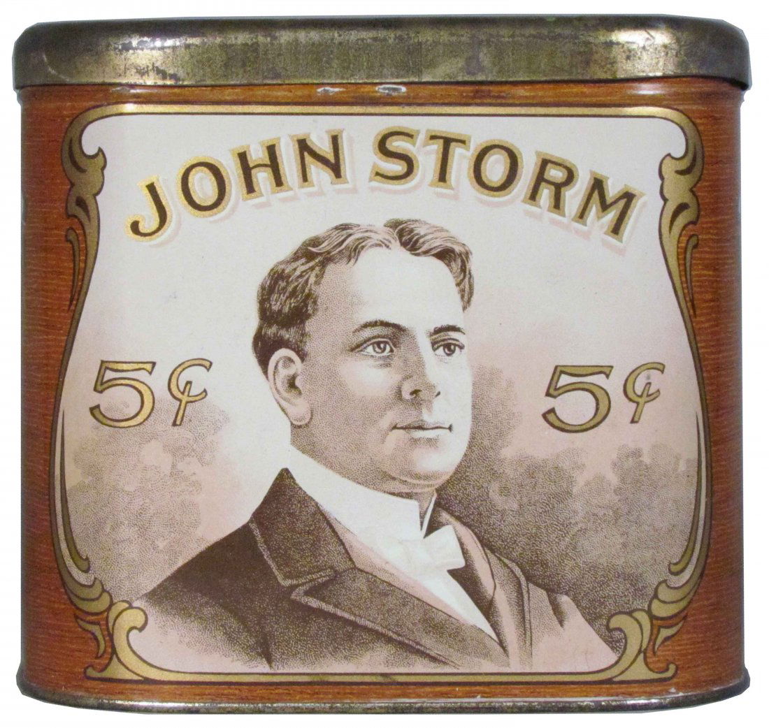 John Storm 5 Cent Cigar Tin for 50 Cigars: Rare John Storm, 5 Cent Cigar Tin for 50 Cigars. Excellent condition. 6 X 5 1/2 X 4 1/4 inches.