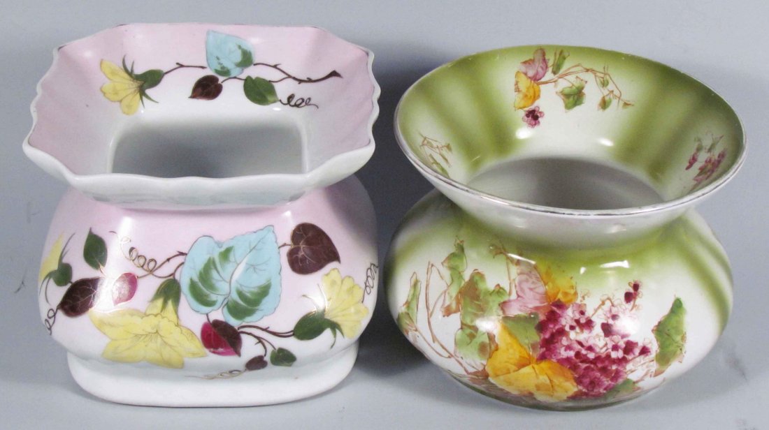 Two Ceramic Spittoons: Two Ceramic Spittoons. Green with vines, marked Homer Laughlin. White with hand painted morning glory. Large one measure 7 inch diameter X 6 inches tall.