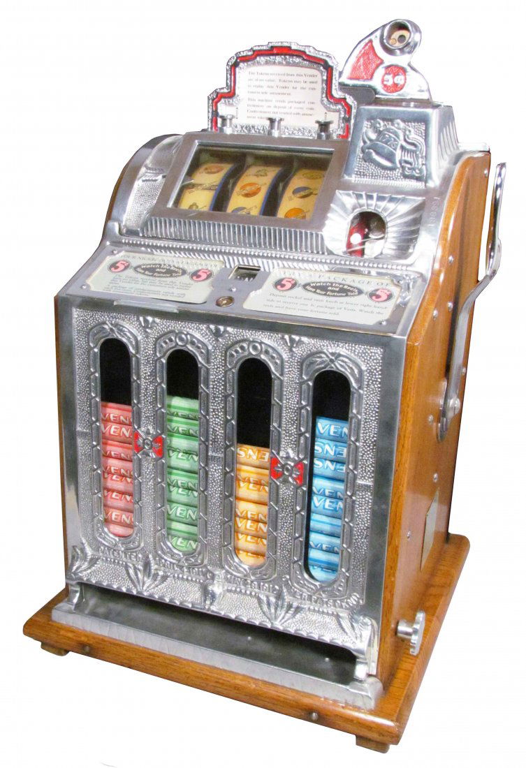 Mills Novelty Co. Mint Vending Slot Machine: Mills Novelty Co. Mint Vending Slot Machine. Works with 5 Cent tokens. Excellent restored condition.