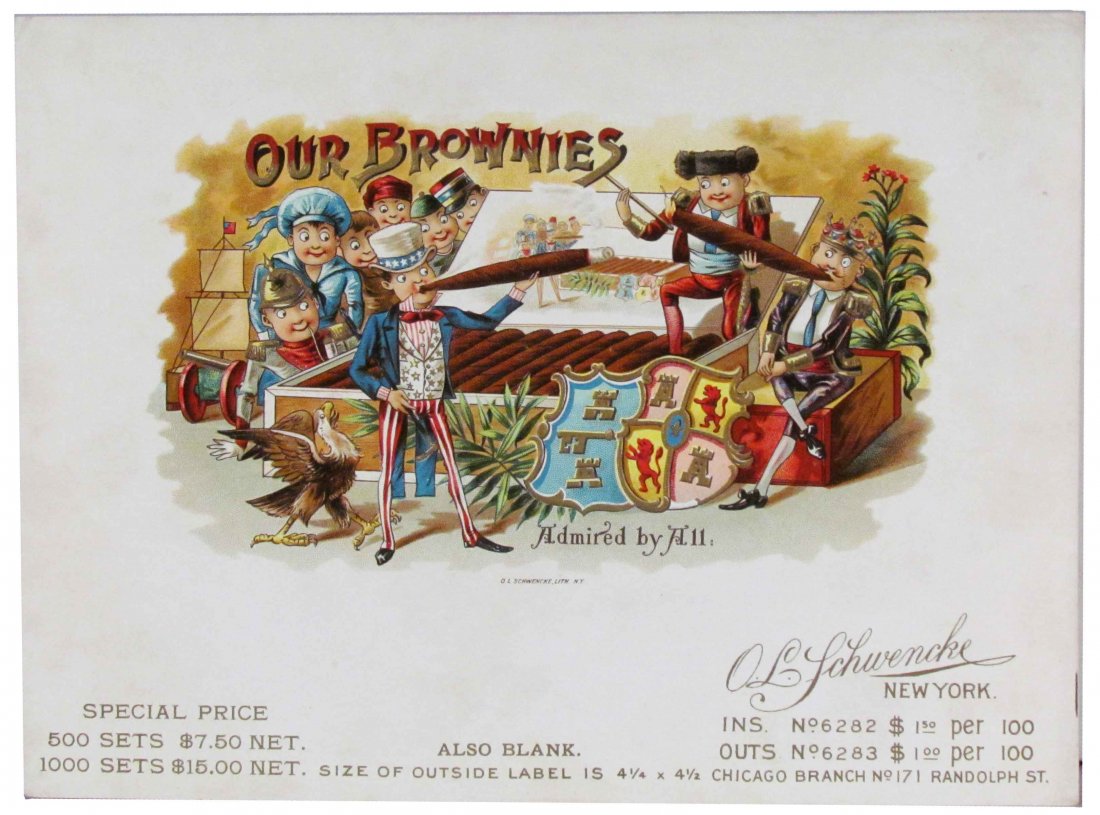 O.L. Schwencke Litho, "Our Brownies" Cigar Label: Rare O.L. Schwencke Litho, "Our Brownies" Cigar Sample Label. Beautiful colors and graphics, excellent condition. 8 1/8 X 6 inches.