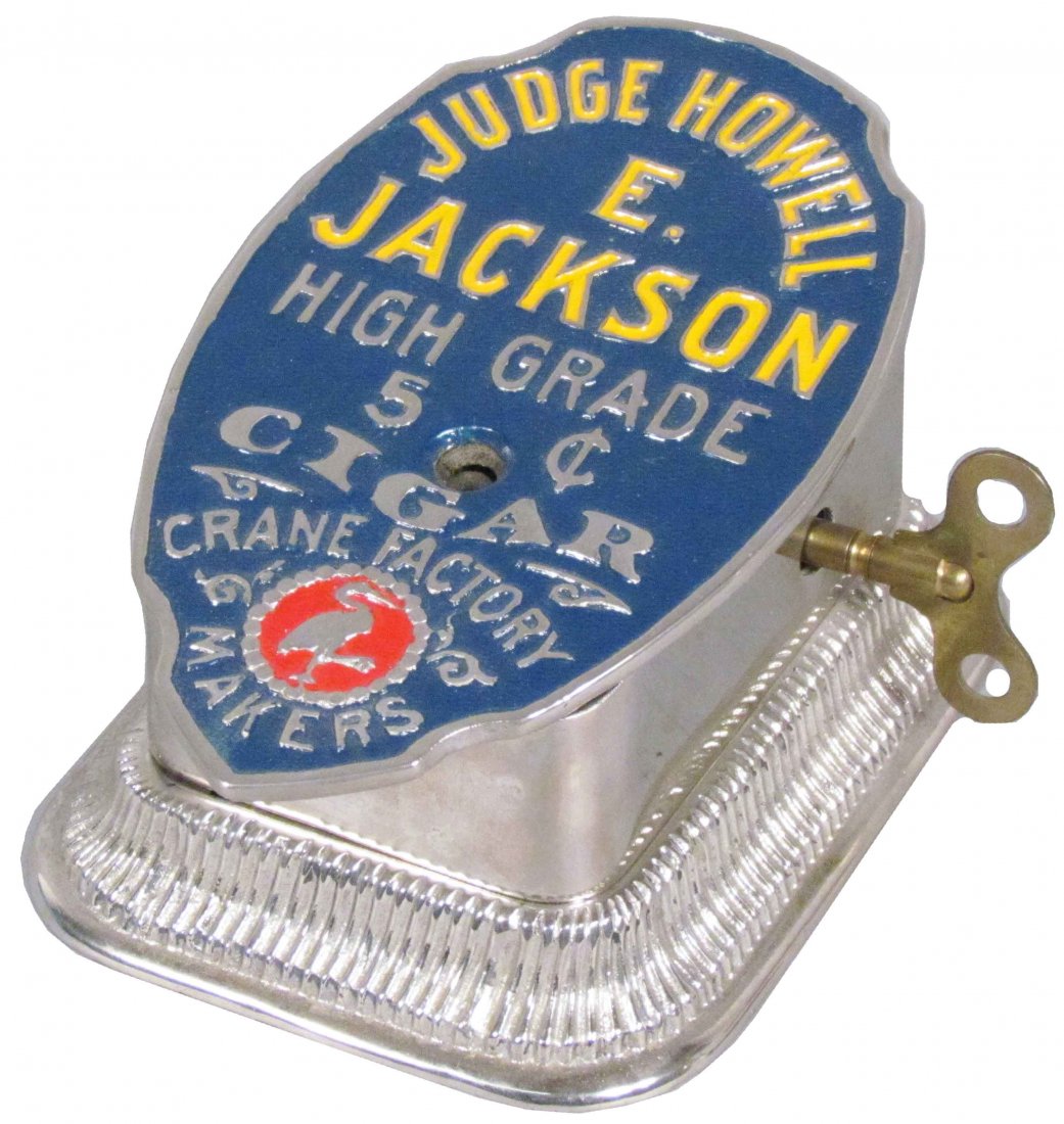 Judge Howell E. Jackson Cast Iron Cigar Tip Cutte: Judge Howell E. Jackson Cast Iron Cigar Tip Cutter. High Grade 5 Cent Cigar. Crane Factory Makers. Excellent restored condition. 4 3/4 X 3 1/2 X 6 1/4 inches.