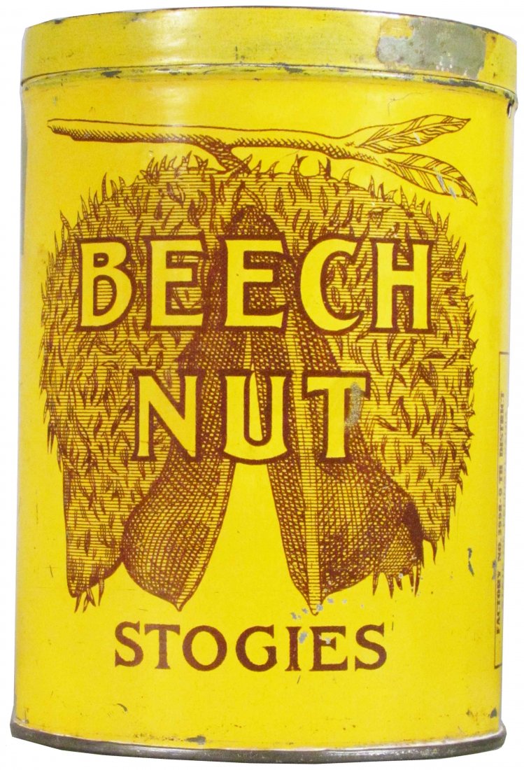 Beech Nut Stogies Cigar Tin for 50 Cigars: Beech Nut Stogies Cigar Tin for 50 Cigars. A couple of vertical creases and light scratches otherwise good condition. 6 inches tall X 4 1/4 inch diameter.