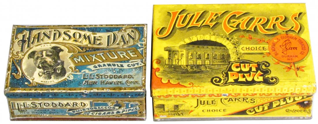 Jule Garrs Cut Plug & Handsome Dan Mixture Tob Ti: Jule Garrs Cut Plug and Handsome Dan Mixture Tobacco Tins. Both tins have touch up on lids otherwise very good condition.
